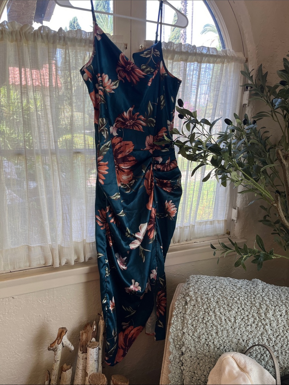 Source Unknown Teal Floral Satin Maxi Slip Dress with Coral Blooms